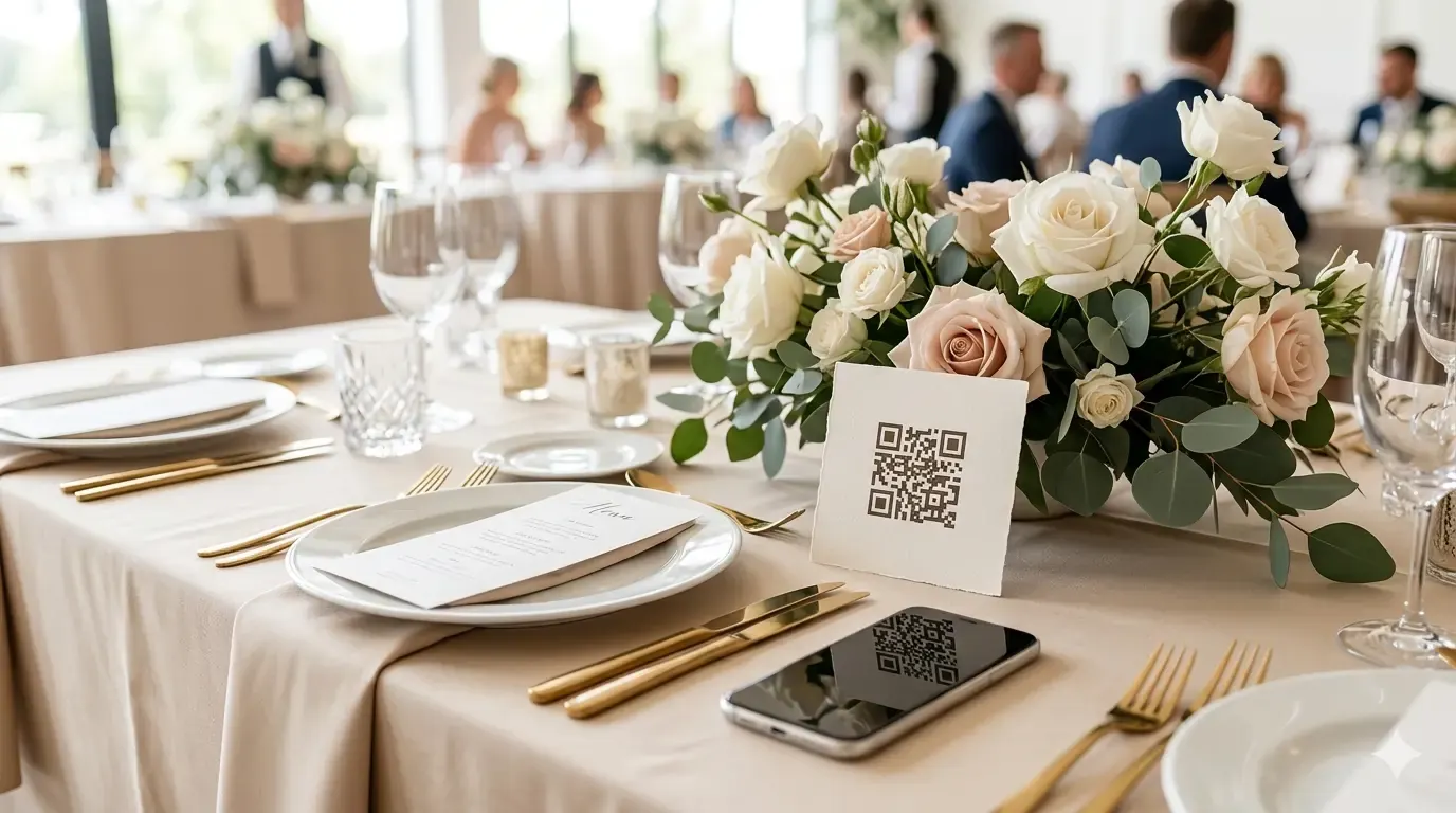 Karta z kodem QR na stole weselnym