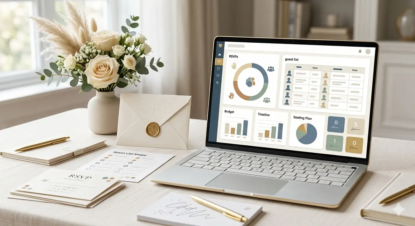 Laptop z panelem organizacji wesela na eleganckim biurku